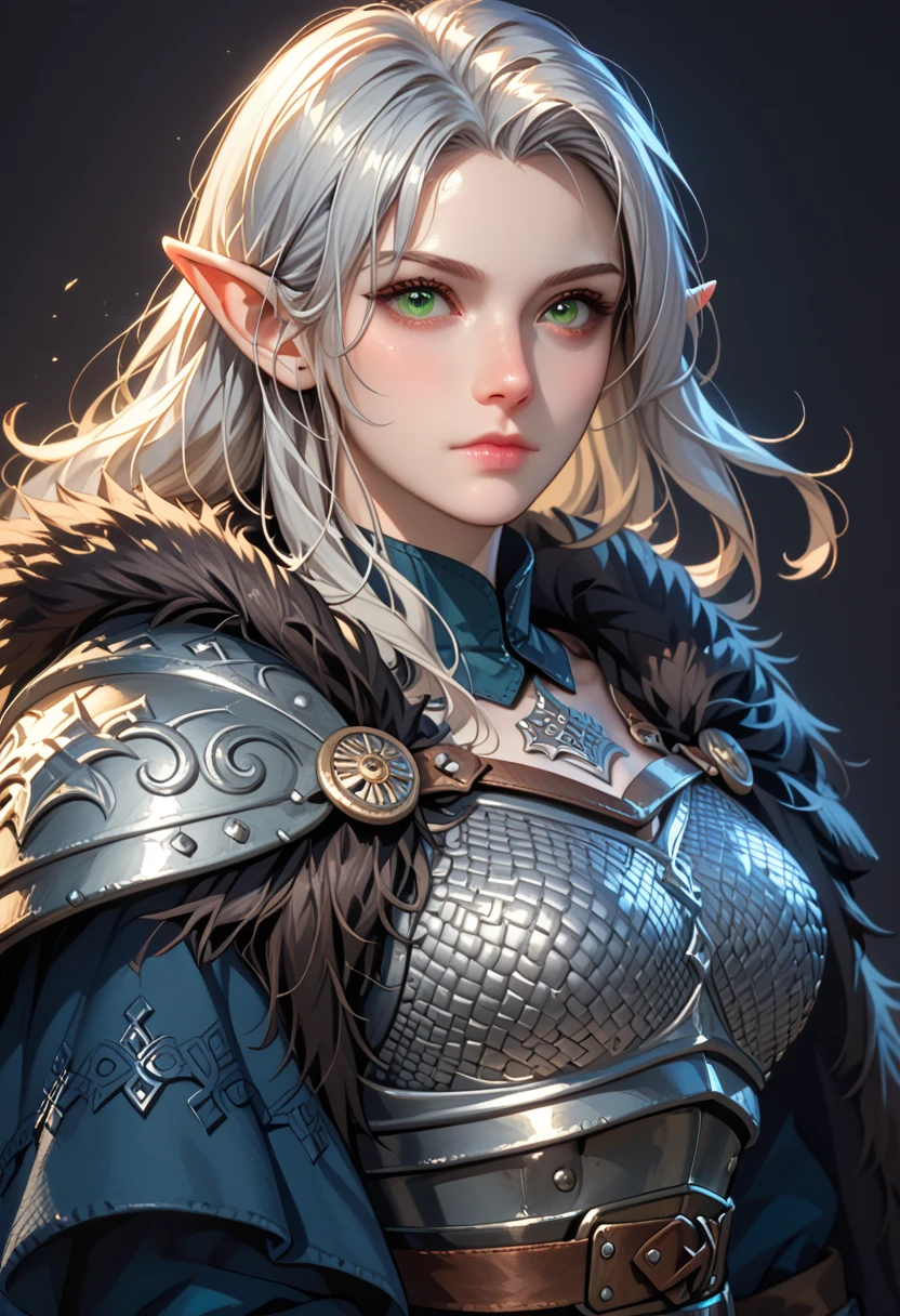 score_9, score_8_up, score_7_up, woman, simple background, dark background, green eyes, gorgeous, elf, fur outfit, black viking outfit, pale skin, solo, dark blue heavy armour, dark blue medieval armour, dark blue chainmail, mythril armour, elven ornaments, fur cloak, standing up straight, calm face, runic tattoos, silver hair, closed mouth, cowboy shot