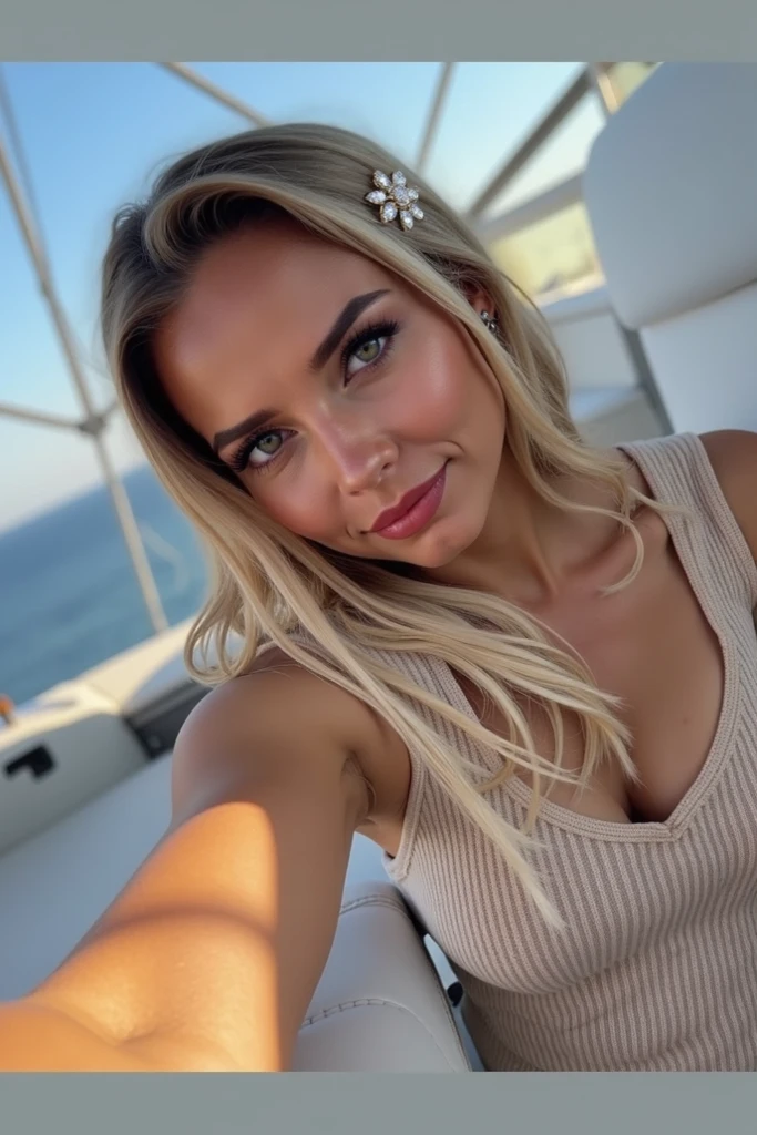 RAW, real photo portrait, brookeWel1, on a boat, (wearing a wet black t-shirt), pretty face, insanely detailed eyes, light blonde hair, high ponytail, bokeh, natural light, depth of field, golden hour, sharp focus