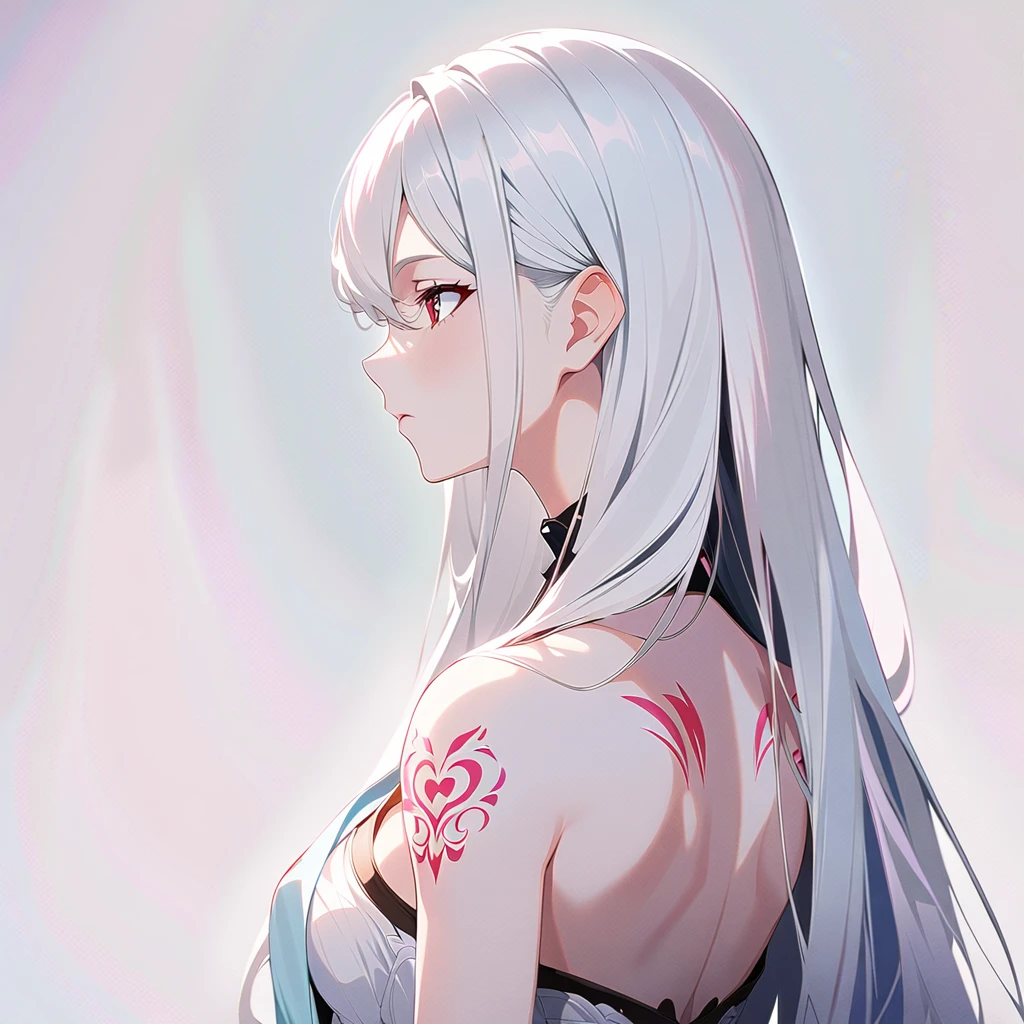 Anime girl with long white hair and pink tattoo on chest, Anime Girl Profile, Beautiful anime girl, White hair girl, Beautiful anime woman, Smooth anime CG art, Perfect white-haired girl, White-haired deity, detailed Digital Animation Art, Beautiful anime portrait, Silver Hair girl, Digital Animation Art, Tifa Lockhart white hair, Silver Hair (Ponytail)