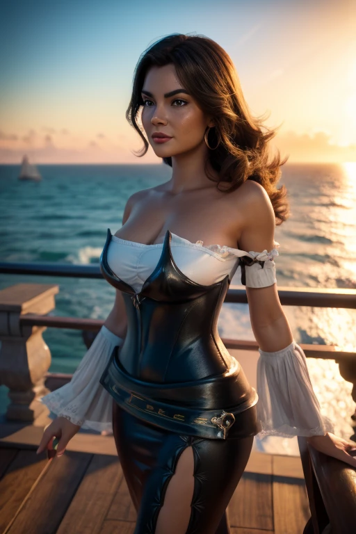 long hair, choker. busty (((DD-size breasts))), wide hips. lythe figure, curvy, voluptuous figure, sexy pirate, Puff Sleeve Chemise Top with plunging neckline, tight pirate pants, posing on a pirate ship, mischievous smile, trending on Artstation, digital art, 20-year-old ( face a combination of Ana de Armas and Salma Hayek), seductive, devious smile, arched eyebrows, gorgeous goddess, anime style, HD, UHD, wavy hair, golden nose ring, gazing lovingly at the viewer,