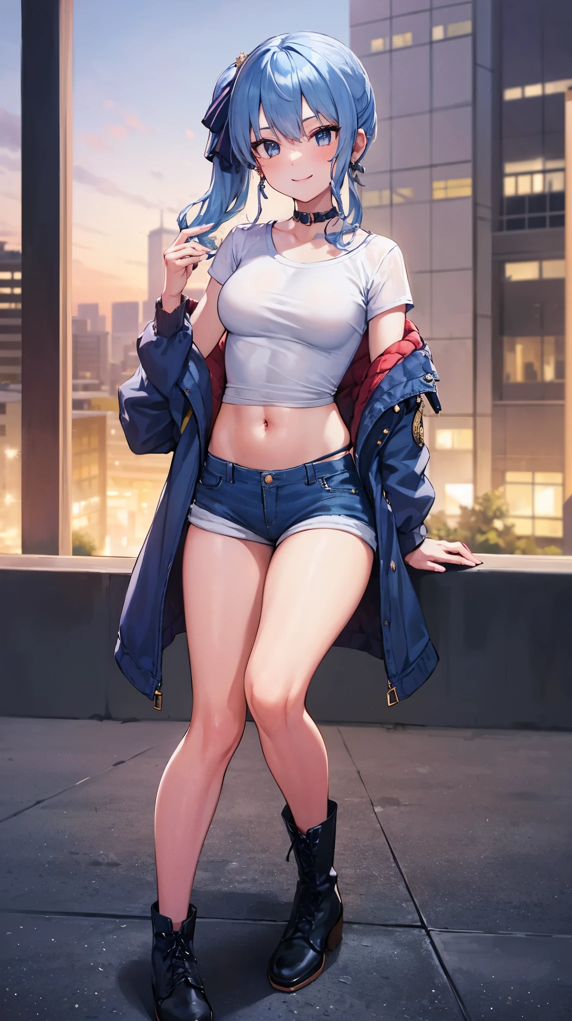 (8k、Best image quality、highest quality)、Detailed face、 1teen_girl、Blue Hair、Long Hair、sideponytail、dark_blue_eyes、smile,(peek_navel:0.7),(small_breasts:0.8),(White_T-shirt:1.3)、Off_shoulder、Black shoulder straps、(open_front_shorts,denim_short_shorts:1.2)、City Background, starry_sky_landscape ,hoshimachi suisei, (belly_button:1.2),nihil,solo,stargaze,girl_looking_up_sky,slender,solo,boots,abs, tight_waist, point_to_sky,slender_thighs,knees