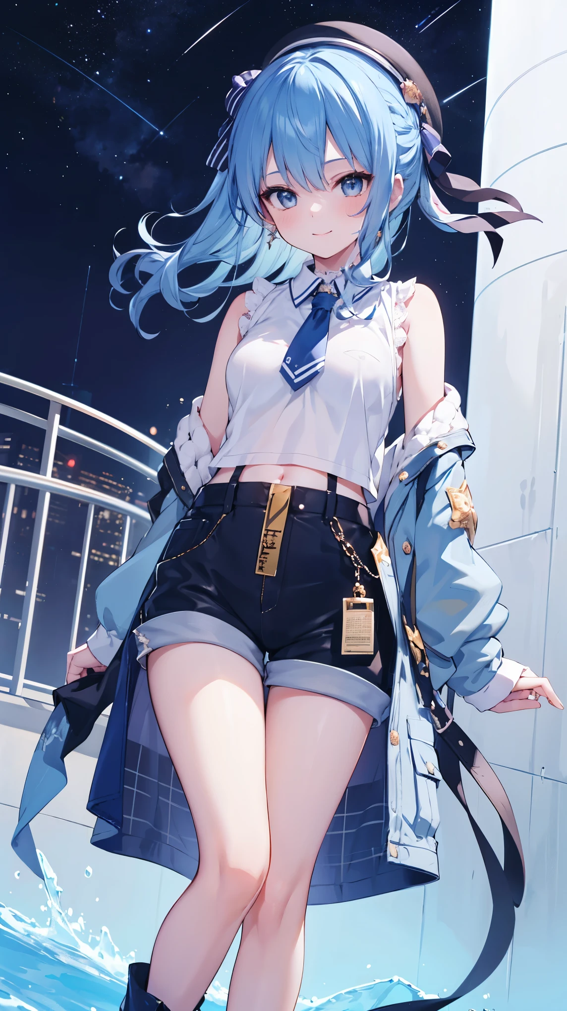 (8k、Best image quality、highest quality)、Detailed face、 1teen_girl、Blue Hair、Long Hair、sideponytail、dark_blue_eyes、smile,(peek_navel:0.7),(small_breasts:0.8),(White_T-shirt:1.3)、Off_shoulder、Black shoulder straps、(open_front_shorts,denim_short_shorts:1.2)、City Background, starry_sky_landscape ,hoshimachi suisei, (belly_button:1.2),nihil,solo,stargaze,girl_looking_up_sky,slender,solo,boots,abs, tight_waist, point_to_sky,slender_thighs,knees