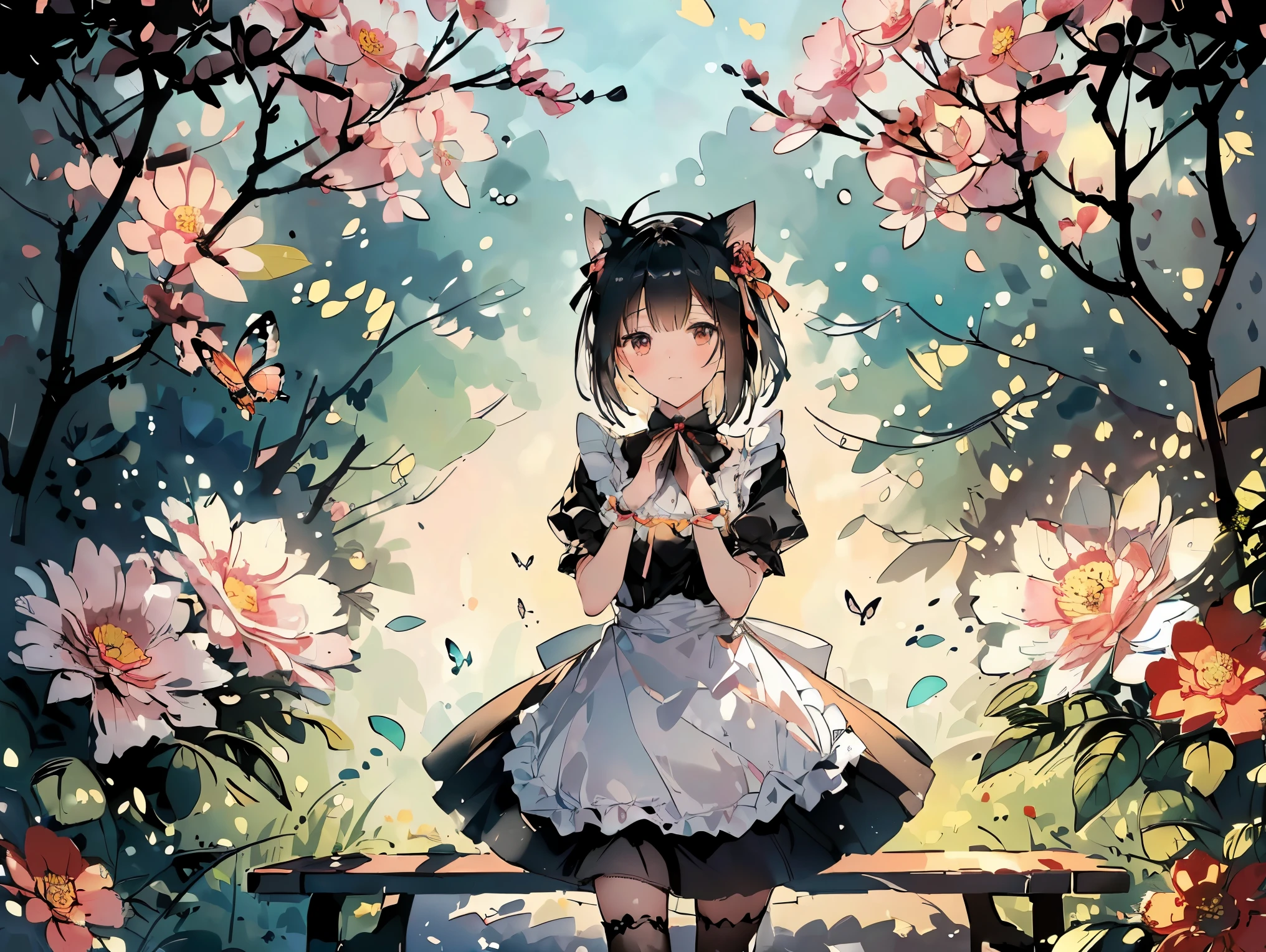 (((Best quality, 8k, Masterpiece: 1.3)), ((best quality)), ((masterpiece)), (detailed), perfect face, A charming girl dressed as a maid with cat ears, gracefully playing in a lush garden filled with vibrant flowers. She is joyfully chasing a butterfly, her movements elegant and lively. The scene is bathed in soft sunlight, with gentle shadows cast by the trees. Her maid outfit is detailed with lace and ribbons, and her cat ears are fluffy and expressive. The butterfly is brightly colored, fluttering just out of her reach, adding a sense of playful motion to the scene. The background features blooming flowers, a wooden bench, and a stone path, creating a peaceful and enchanting atmosphere