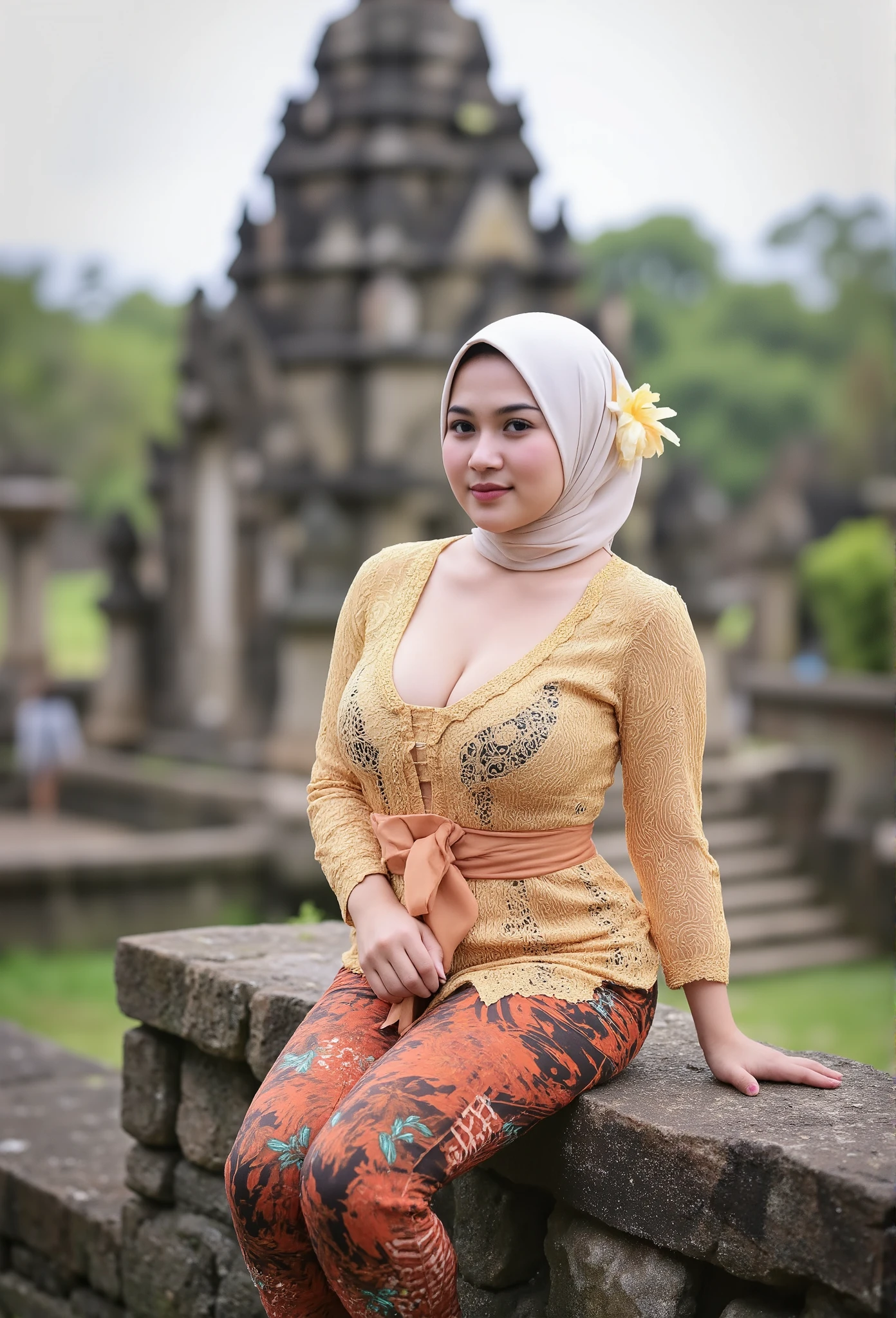 a beautiful Indonesian woman wearing hijab, sexy curvy body, big breast, mini jasmine flower on her hijab, longsleeve unbuttoned kebaya, sitting on the rock infront of hindu temple as background details. look at the viewer, natural light realistic photography, wide angle shot,