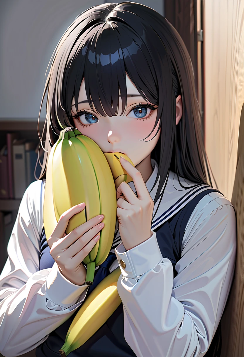 (Masterpiece, BestQuality:1.2),a girl, banana over eyes,wearing school uniform(long sleeve),shiny skin,