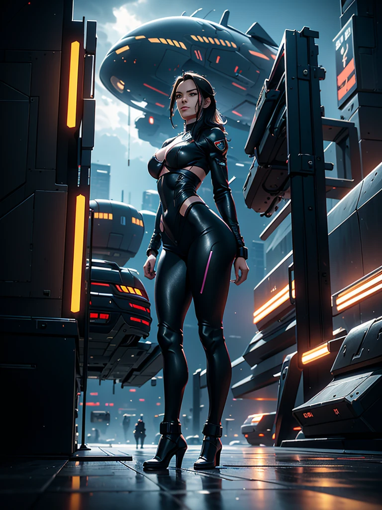 alta resolução, obra-prima, melhor qualidade, uma mulher, Danielav4, roupa futurista, tattoo, estilo cyberpunk neon, ao fundo cidade cyberpunk a noite, corvos, pele finamente detalhada, seios enormes, pernas muito musculosas