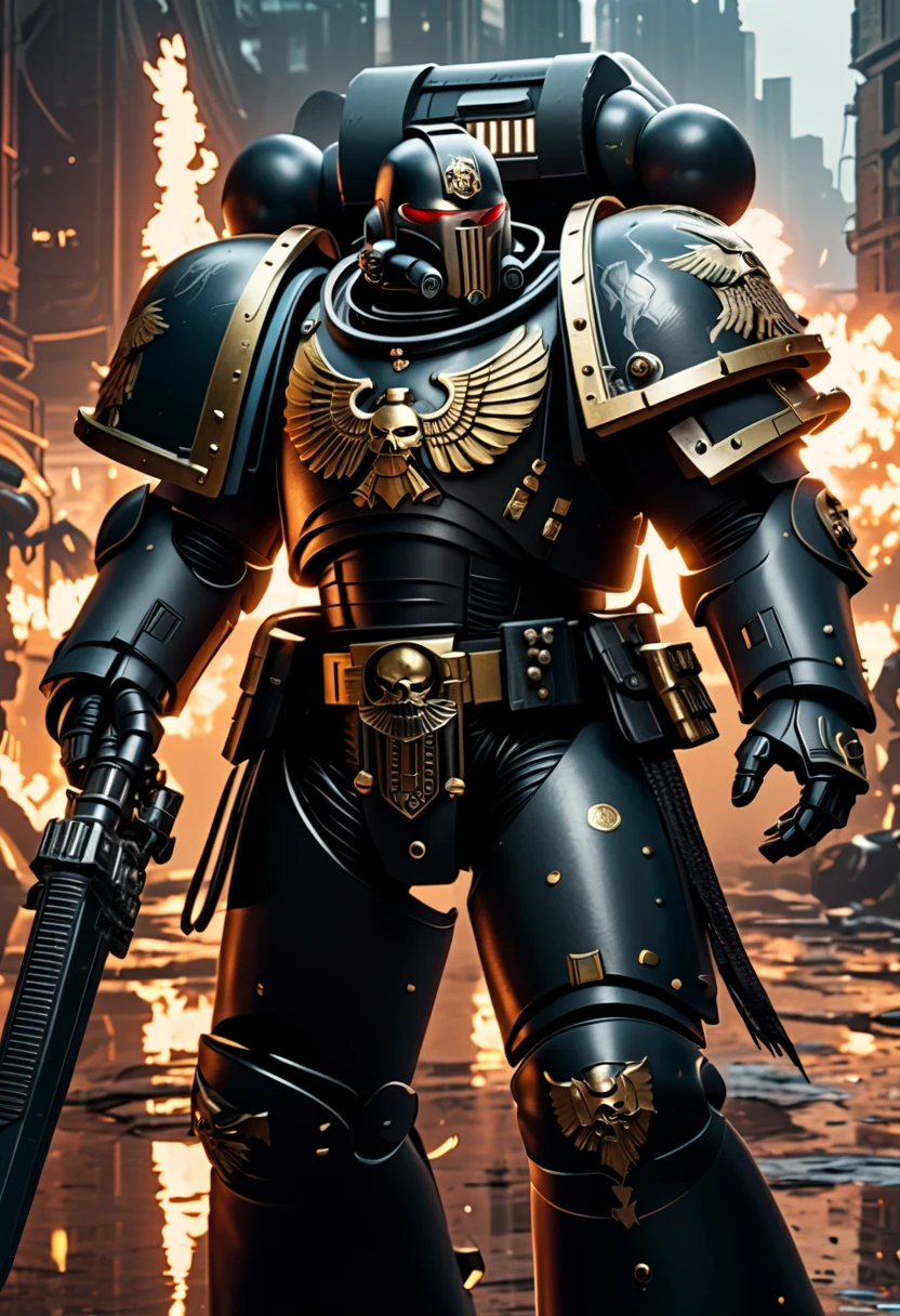 Warhammer 40K universe, Storm Wardens Knight's Armor Astartes from the 2nd Legion，Mechanical suit of obsidian red, black and gold armor， standing victorious over a non-compliance world with other，Intense war-like environment，holding a power sword，Destroyed buildings and flames，The background is a futuristic cityscape，severe and threatening atmosphere，Sci-fi cyberpunk aesthetics，High contrast and desaturated tones，Dramatic and dynamic lighting effec。best quality,4k,(highres,masterpiece:1.2),ultra-detailed,(realistic,photorealistic,photo-realistic:1.37)