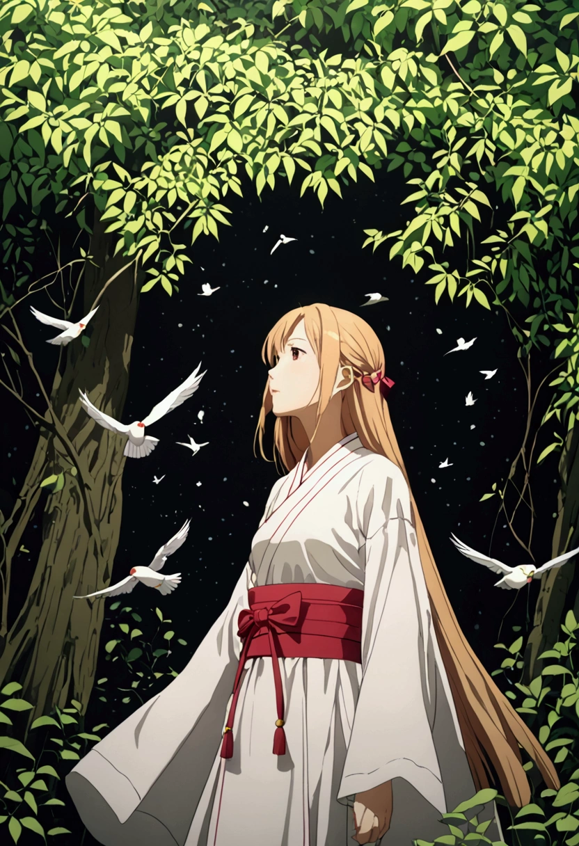 as Yuuki,  in a white tunic , lang thang trong khu rừng âm u.  The light seemed unable to penetrate the dense canopy .  The sound of several ear-sucking birds increased her fear.  Small steps tripped over the roots of the tree ,  Asuna felt alone in the wilderness . Her breath rose , và hy vọng sớm thoát khỏi cái rừng kỳ lạ này.