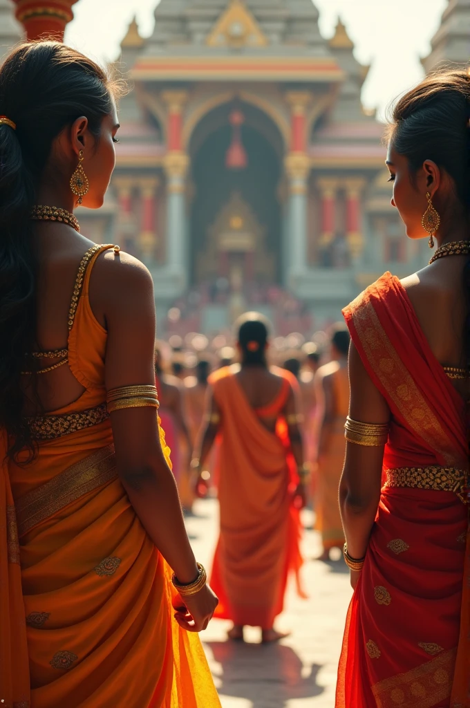 Hindu royalty asthetic with 2 women in regal attire with their back facing and the sun setting and a palace in the background like during Mahabarat era and the women should be in red bridal lehenga with a heavy skirt