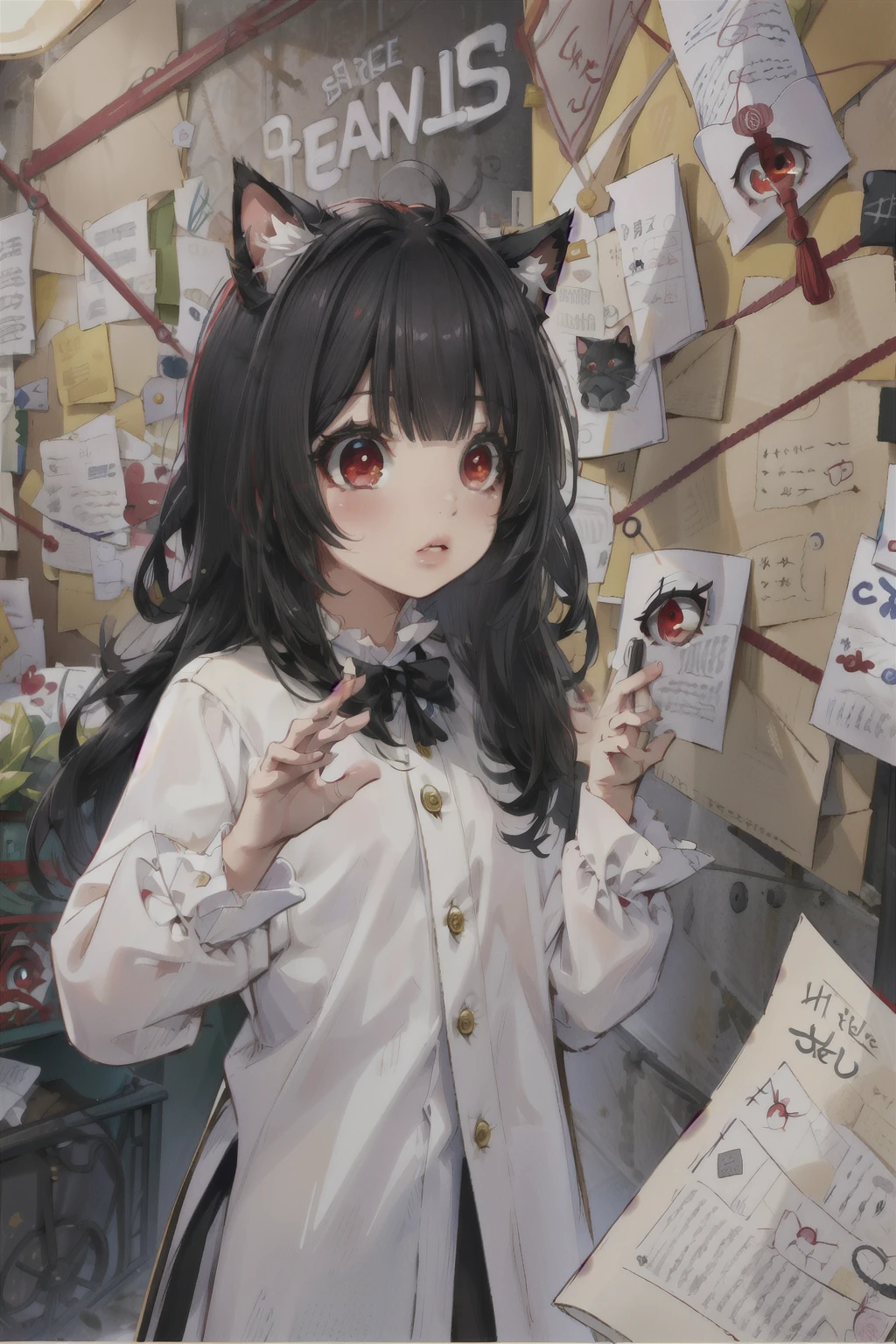 ( masterpiece ,  better quality ),   intricate takes off ,
1 girl,  junkotvv,  long hair , (red eyes:1.5),  animal ears, black hair,  Cat ears,  curly hair ,  straight bangs , (small chest:1),,  long sleeves, Bermuda, black shirt, 
 PepeSilviaMeme, wall, paper,