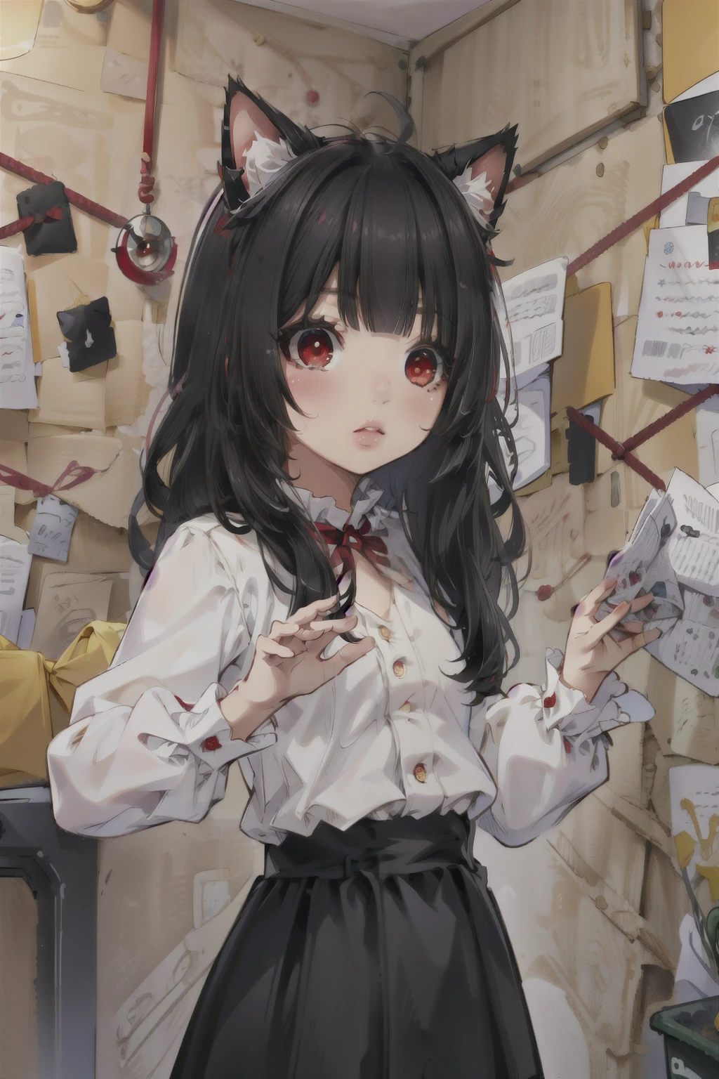 ( masterpiece ,  better quality ),   intricate takes off ,
1 girl,  junkotvv,  long hair , (red eyes:1.5),  animal ears, black hair,  Cat ears,  curly hair ,  straight bangs , (small chest:1),,  long sleeves, Bermuda, black shirt, 
 PepeSilviaMeme, wall, paper,