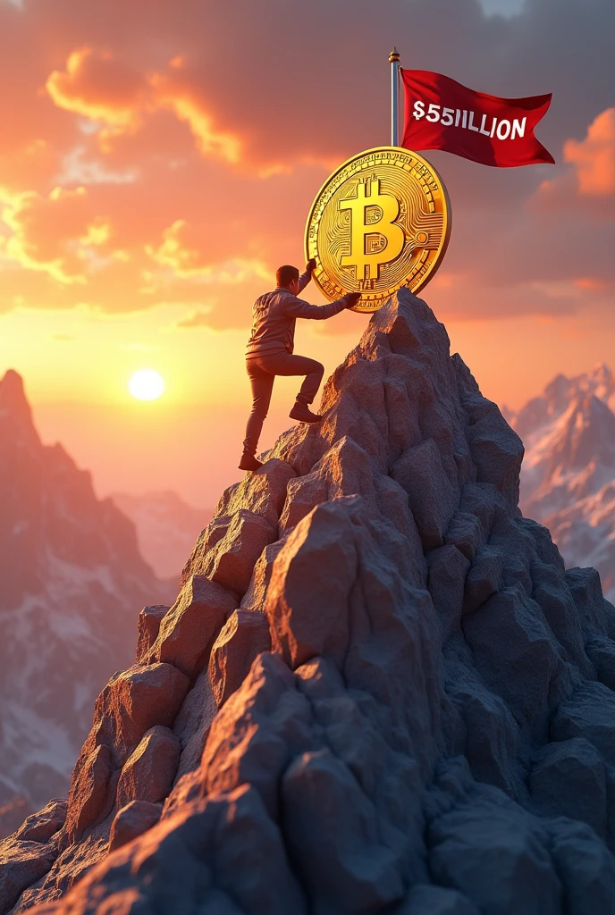 Player climbing a mountain, receiving small trophies or medals at each step. A large, glowing reward at the summit, attracting the player. Warm colors, motivational scene.