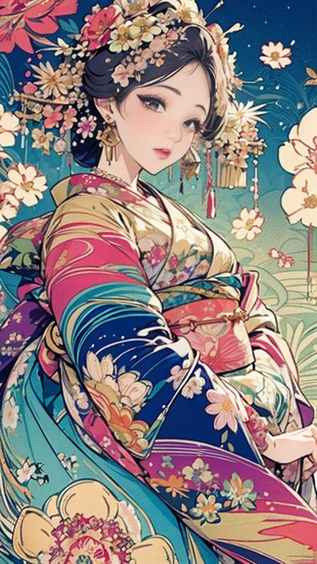 (masterpiece、 best quality、 best quality、 Official Art、beautiful beautiful:1.2)、 Very detailed、( fractal art:1.1)、( colorful :1.1)(Floral:1.6)、 most detailed、yukata、日本のyukata、( Dynamic Poses)、( abstract background :1.3)、(shiny skin)、(Many colors:0.8)、、( earrings for a woman alone:1.4)、(Feather:0.9)、Taisho Romance,Delicate and elaborate gold hair ornament