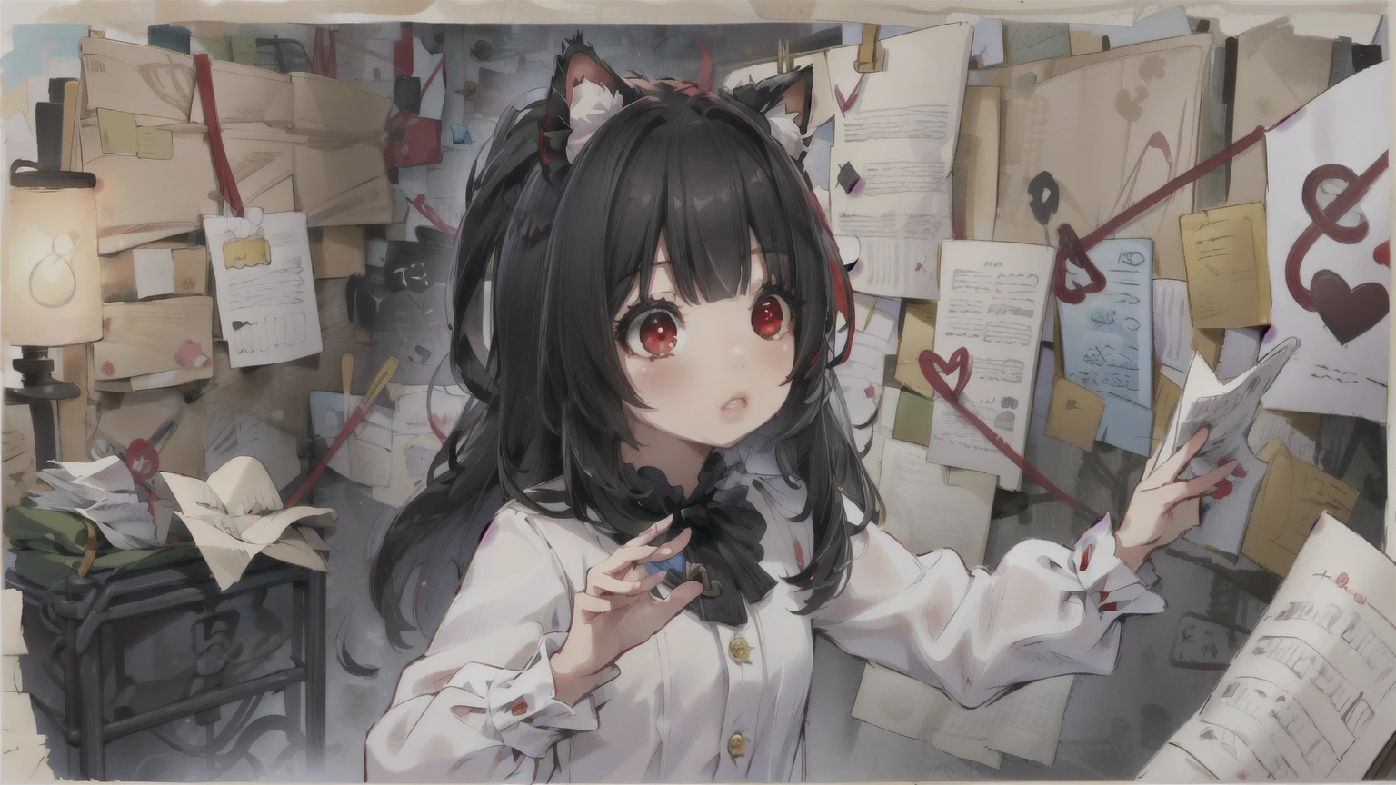 ( masterpiece ,  better quality ),   intricate takes off ,
1 girl,  junkotvv,  long hair , (red eyes:1.5),  animal ears, black hair,  Cat ears,  curly hair ,  straight bangs , (small chest:1),,  long sleeves, Bermuda, black shirt, 
 PepeSilviaMeme, wall, paper,