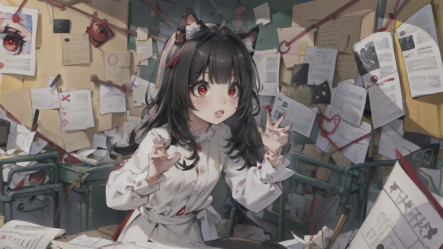 ( masterpiece ,  better quality ),   intricate takes off ,
1 girl,  junkotvv,  long hair , (red eyes:1.5),  animal ears, black hair,  Cat ears,  curly hair ,  straight bangs , (small chest:1),,  long sleeves, Bermuda, black shirt, 
 PepeSilviaMeme, wall, paper,