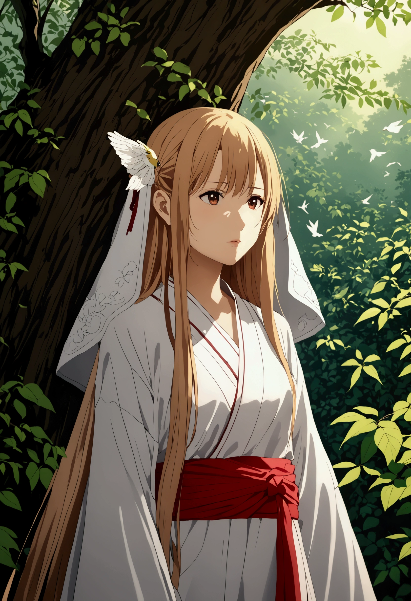 as Yuuki,  in a white tunic , lang thang trong khu rừng âm u.  The light seemed unable to penetrate the dense canopy .  The sound of several ear-sucking birds increased her fear.  Small steps tripped over the roots of the tree ,  Asuna felt alone in the wilderness . Her breath rose , và hy vọng sớm thoát khỏi cái rừng kỳ lạ này.