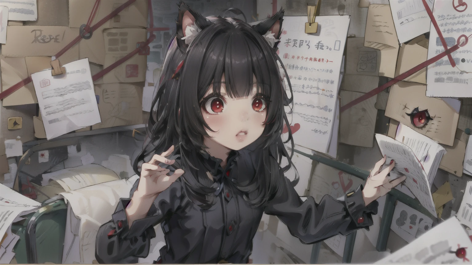 ( masterpiece ,  better quality ),   intricate takes off ,
1 girl,  junkotvv,  long hair , (red eyes:1.5),  animal ears, black hair,  Cat ears,  curly hair ,  straight bangs , (small chest:1),,  long sleeves, Bermuda, black shirt, 
 PepeSilviaMeme, wall, paper,