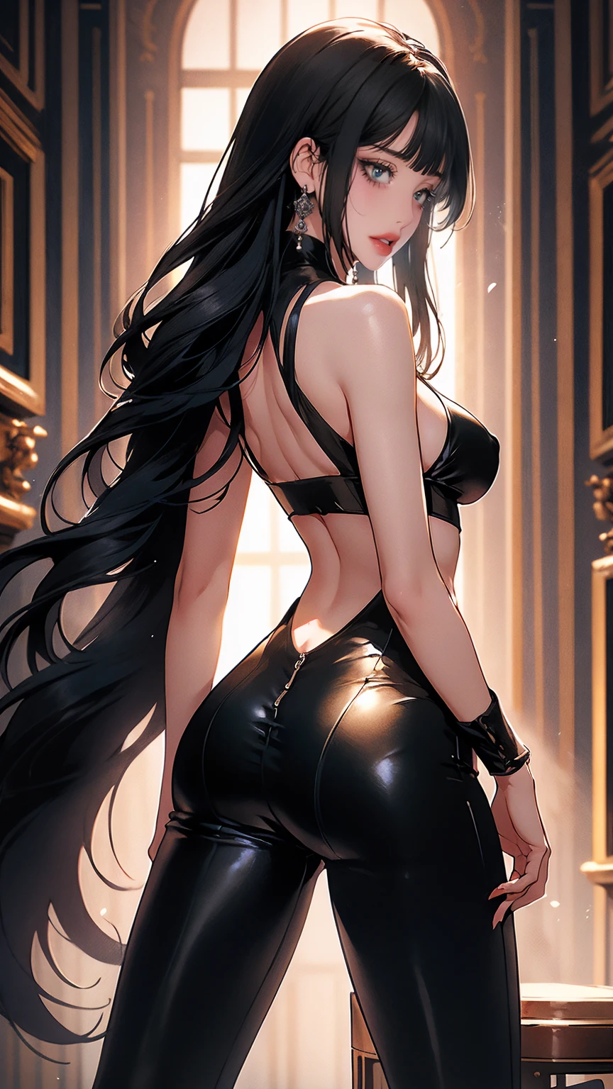 ( best quality:1.2)、(masterpiece:1.2), ( Max Image:1.2), (Nipples, belly button), (from behind:1.3),  see-through clothes , (( T-back :1.3)), ( black hair straight long hair:1.3), ( open legs:1.2), ( Long Thin Legs , shoes:1.2), (Juheedef, black hair, grey eyes), (ahegao), (Sensual face:1.3), (( open her mouth :1.2)), ( drool ), The whole face becomes red,  big, rich breasts , (Blunt Bangs:1.2),  side bust 、 underbust pose、Walk through a simple mansion&#39;corridor、 Play、 simple background