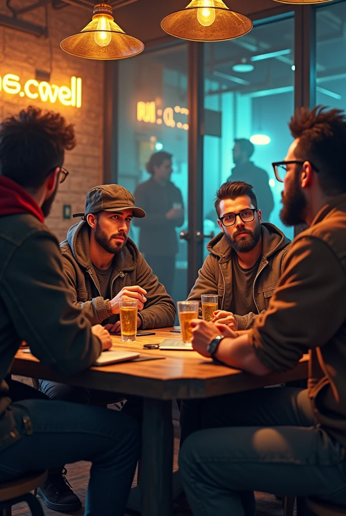 (((Masterpiece))), Sharp focus, ultra realistic,Super Resolution,Photo of 2 guys sitting at a bar, gangsta-style men, reminiscent of Jedi from Star Wars, are sitting at a bar in a cyberpunk setting in the year 2527. They are wearing capes, adding an air of mystique to their presence. The scene is captured from behind, focusing on their backs as they sit at the bar. The environment features a futuristic, high-tech atmosphere with neon lights, bioluminescent elements, and a touch of magic. The lighting is cinematic, with sharp focus, depth in vision, and vivid details that enhance the realism and otherworldly feel of the scene. (depth of field 1.3), shady ambiance