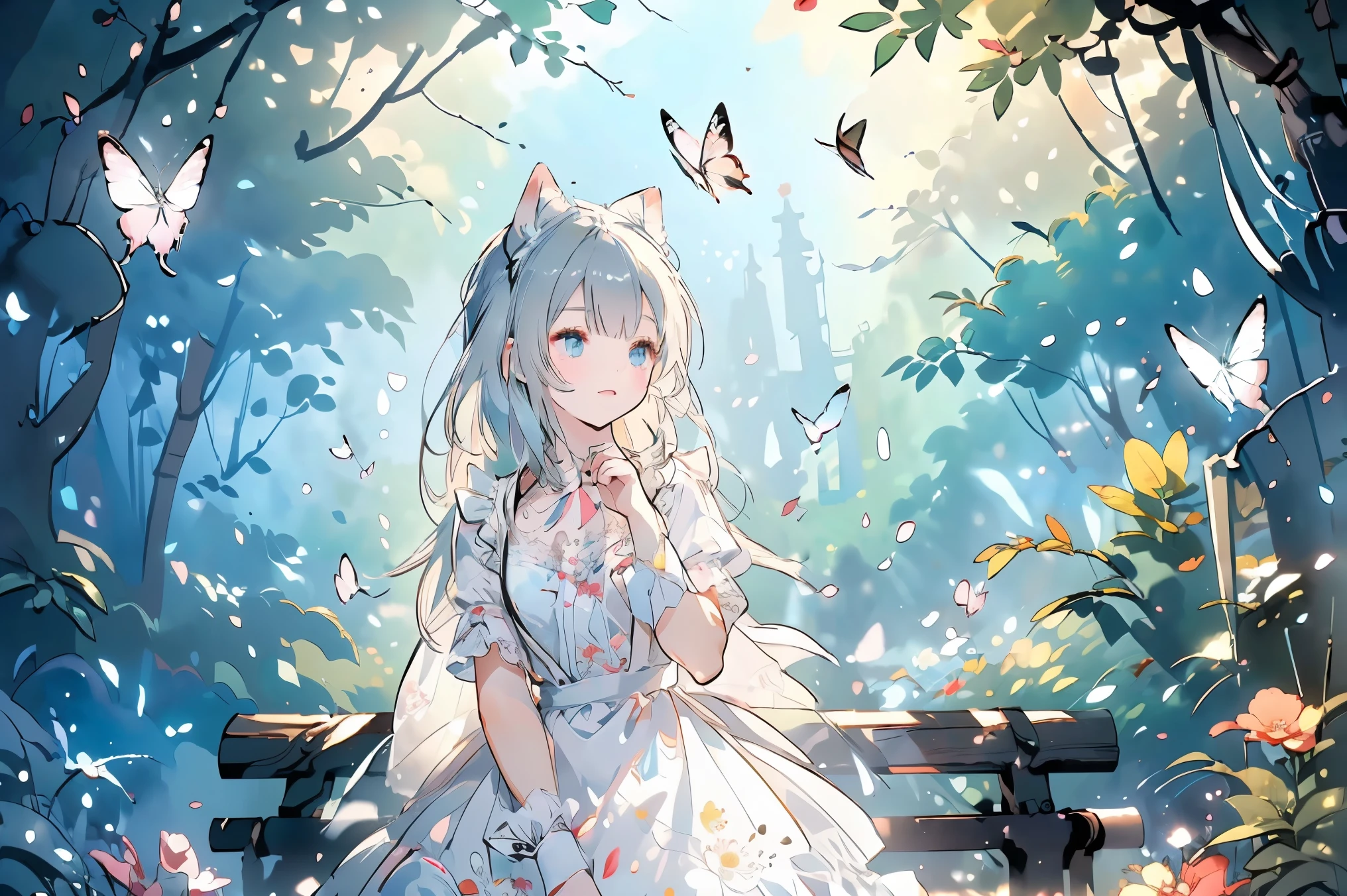 (((Best quality, 8k, Masterpiece: 1.3)), ((best quality)), ((masterpiece)), (detailed), perfect face, A charming girl dressed as a maid with cat ears, gracefully playing in a lush garden filled with vibrant flowers. She is joyfully chasing a butterfly, her movements elegant and lively. The scene is bathed in soft sunlight, with gentle shadows cast by the trees. Her maid outfit is detailed with lace and ribbons, and her cat ears are fluffy and expressive. The butterfly is brightly colored, fluttering just out of her reach, adding a sense of playful motion to the scene. The background features blooming flowers, a wooden bench, and a stone path, creating a peaceful and enchanting atmosphere