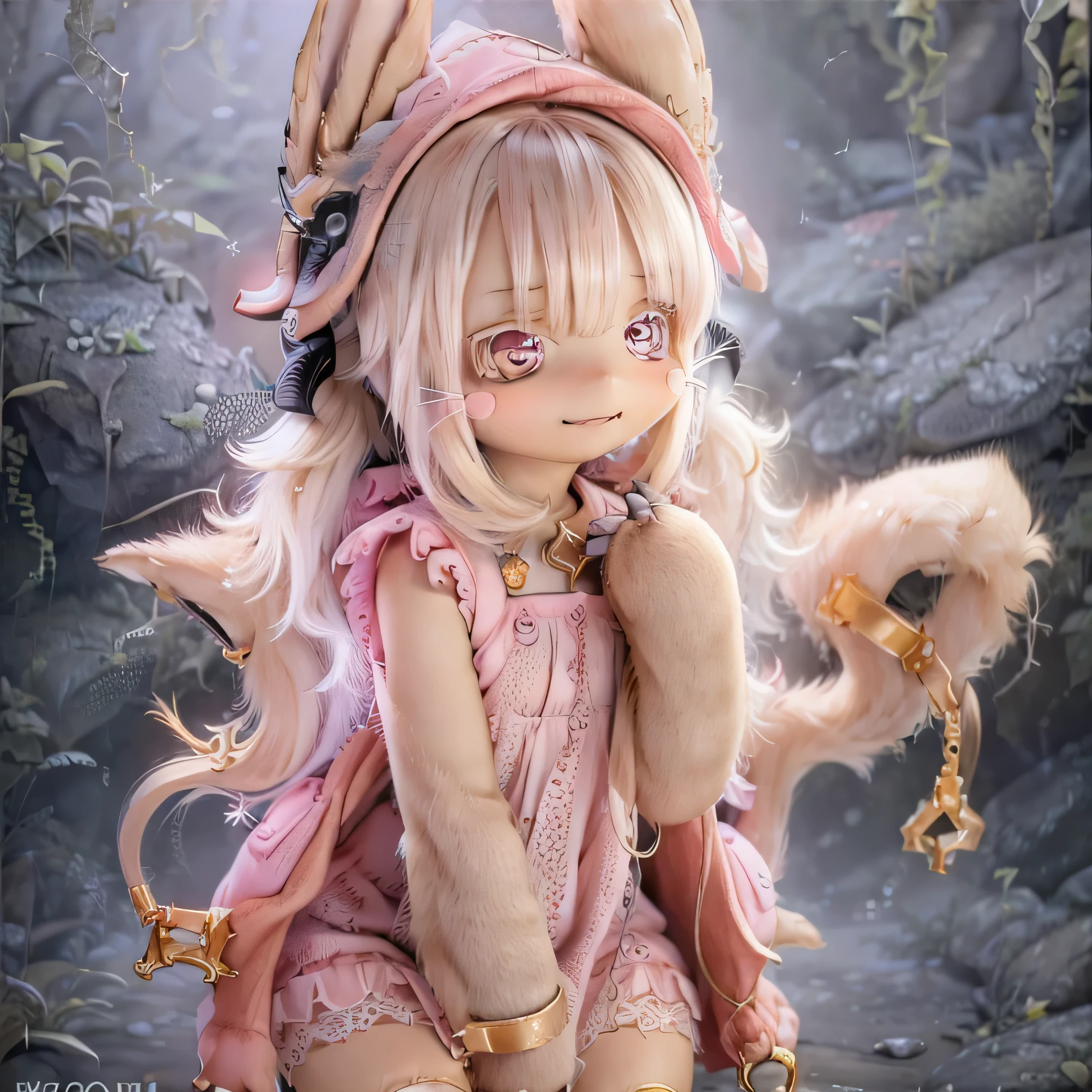 in the garden, smile, Similar to Chi from Made in Abyss.        Similar to a forest setting ,  it combines      , Beautiful eyes and lips.  (((chibi style,))) . The image quality is excellent, Highly detailed and realistic features. The medium of this work is、       illustration using photorealistic rendering.. The colors are vivid、       lighting creates a warm and bright atmosphere           。 whole body(((((      cute pink dress      )))))Contrasting cute poses