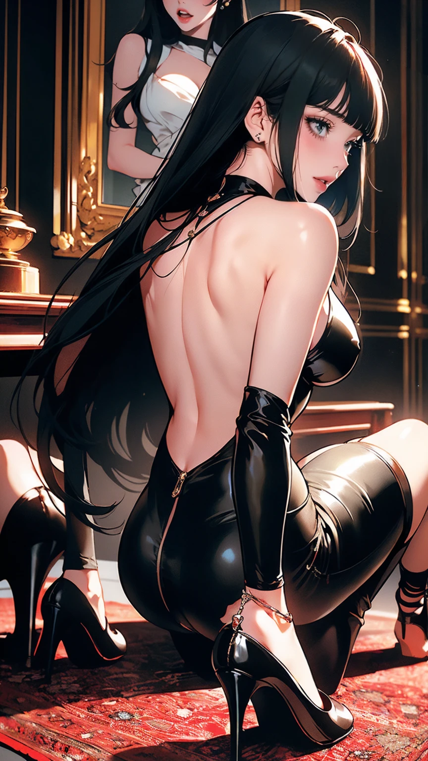 ( best quality:1.2)、(masterpiece:1.2), ( Max Image:1.2), (Nipples, belly button), (from behind:1.3),  see-through clothes , (( T-back :1.3)), ( black hair straight long hair:1.3), ( on all fours、 open legs:1.2), ( Long Thin Legs , shoes:1.2), (Juheedef, black hair, grey eyes), (ahegao), (Sensual face:1.3), (( open her mouth :1.2)), ( drool ), The whole face becomes red,  big, rich breasts , (Blunt Bangs:1.2),  side bust 、 underbust pose、Walk through a simple mansion&#39;corridor、 Play、 simple background