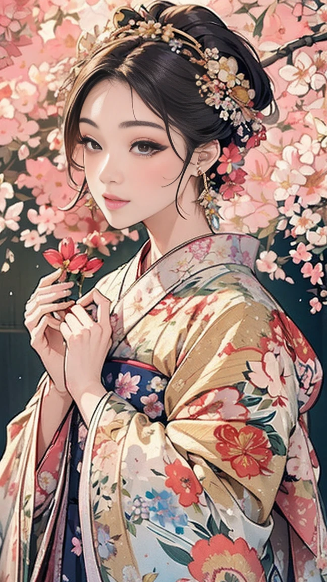 (masterpiece、 best quality、 best quality、 Official Art、beautiful beautiful:1.2)、 Very detailed、( fractal art:1.1)、( colorful :1.1)(Floral:1.6)、 most detailed、yukata、日本のyukata、、Cherry blossom tree background、Lots of petals、(shiny skin)、(Many colors:0.8)、、( earrings for a woman alone:1.4)、(Feather:0.9)、Taisho Romance,Delicate and elaborate gold hair ornament