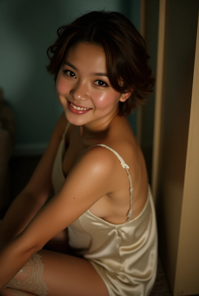 satin floaty colorful chemise, short brown wavy hair, lace trim, tights, skinny, amateur porn, sexy asianwoman, beautiful, 18 years old, soft smile,  lipgloss, ear, 
dark room, analog 00s Kodak flash photograph, uncensored