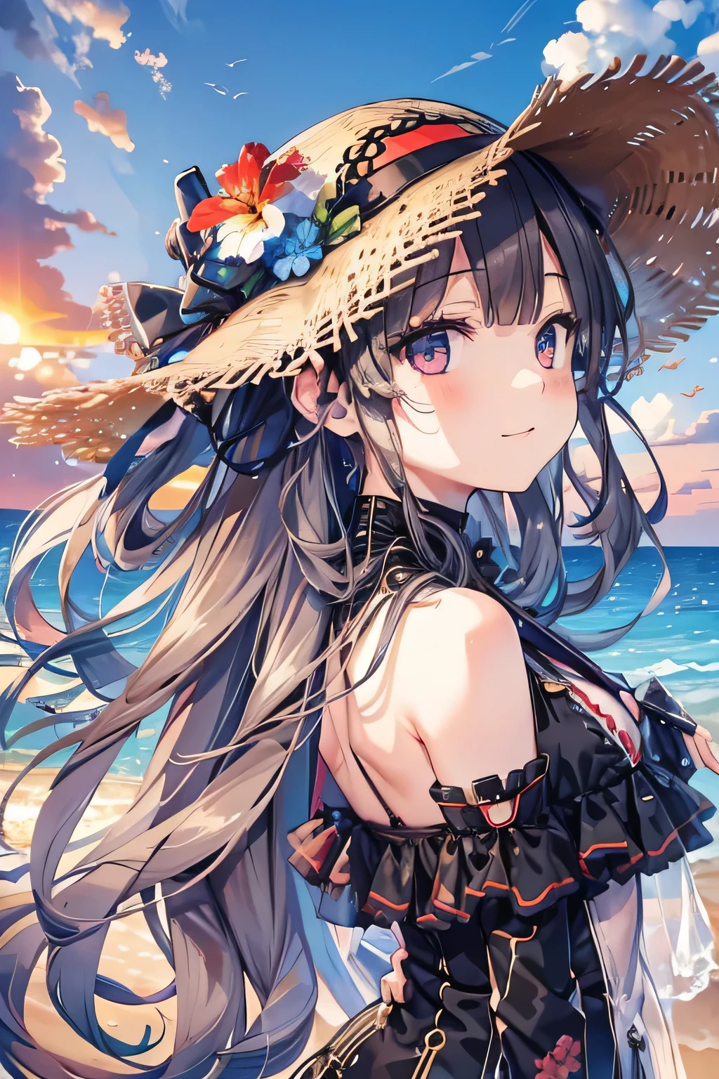  one girl , Long tied up brunette hair, smile,  blue eyes, ,  Viewers, Wear a bikini, Floral straw hat, ( beach ), (sunset),  evening , masterpiece, 8k,  full light, Perfect outfit, perfect anatomy, Perfect Eyes,  perfect face, Sharp resolution, ( face close-up )