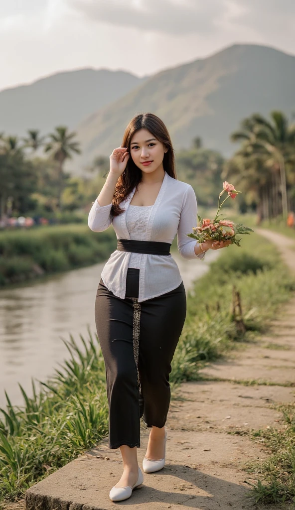 Indonesian-Asian Girl Traditional Asian Javanes Long Sleeve White Color. black long skirt. ((Big boobs 2  .3)). Walking by the river . white shoes.  Mountain landscape background . River background of many banana trees. ((Detailed finger finger .)) ((inappropriate laughter)). (( Hands holding flowers in ears)). (( Highly detailed hand .))  Rough color CCTV footage . Warm light .