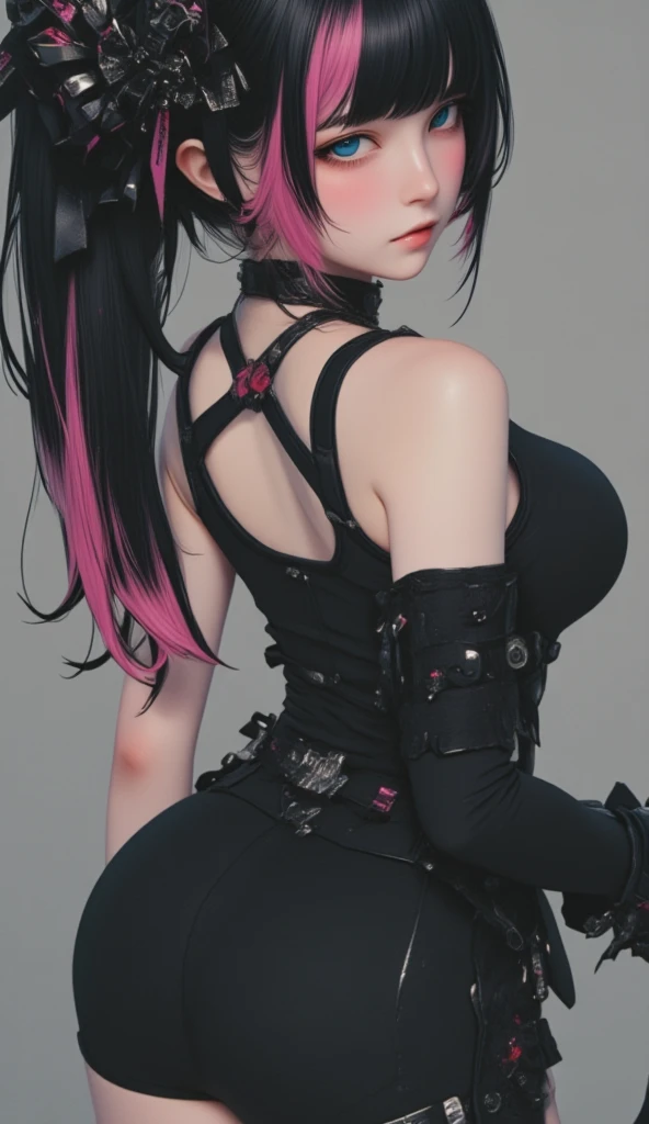 Sexy slim gothic girl, Square Hairstyles, Pink and black hair、medium breast、Large hair ornament、  ribbon hair ornament、small nose