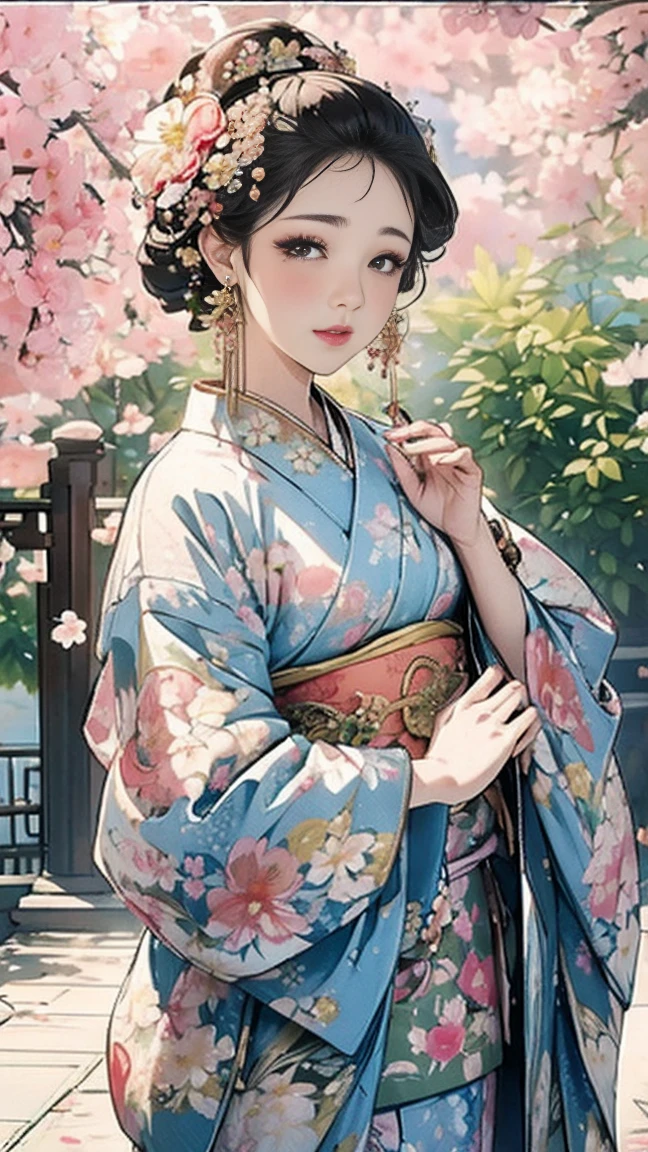 (masterpiece、 best quality、 best quality、 Official Art、beautiful beautiful:1.2)、 Very detailed、( fractal art:1.1)、( colorful :1.1)(Floral:1.6)、 most detailed、yukata、日本のyukata、、Cherry blossom tree background、Lots of petals、(shiny skin)、(Many colors:0.8)、、( earrings for a woman alone:1.4)、(Feather:0.9)、Taisho Romance,Delicate and elaborate gold hair ornament