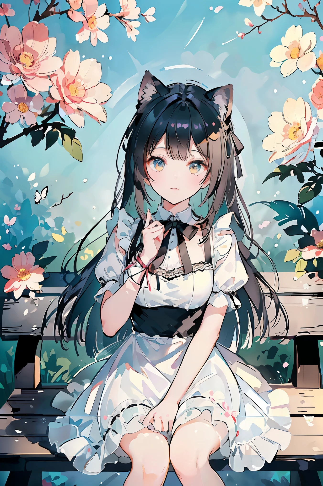 (((Best quality, 8k, Masterpiece: 1.3)), ((best quality)), ((masterpiece)), (detailed), perfect face, A charming girl dressed as a maid with cat ears, gracefully playing in a lush garden filled with vibrant flowers. She is joyfully chasing a butterfly, her movements elegant and lively. The scene is bathed in soft sunlight, with gentle shadows cast by the trees. Her maid outfit is detailed with lace and ribbons, and her cat ears are fluffy and expressive. The butterfly is brightly colored, fluttering just out of her reach, adding a sense of playful motion to the scene. The background features blooming flowers, a wooden bench, and a stone path, creating a peaceful and enchanting atmosphere