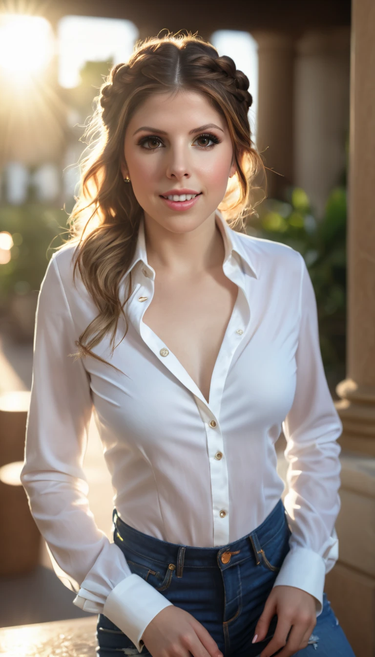 (Dani Mathers), Hyper realistic and detailed full body photo, smiling, standing on a skyscraper balcony, Sunset, perfect eyes, dark makeup, highly detailed skin, pretty girl, 3/4 portrait, , Teen, youthful, young, slim, skinny, thin, super long hair, cleavage, casual clothes, #petite,