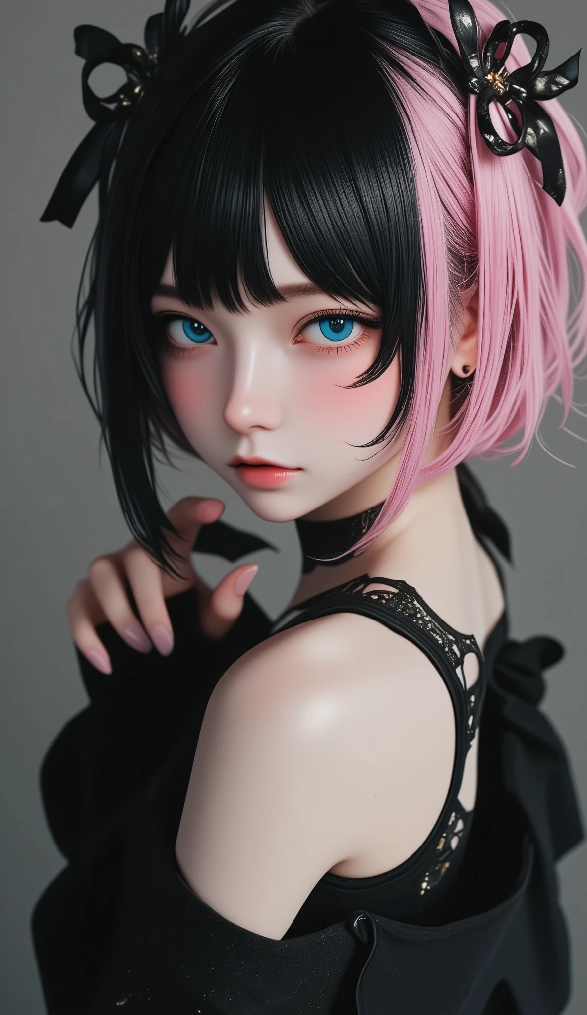 Sexy slim gothic girl, Square Hairstyles, Pink and black hair、medium breast、Large hair ornament、  ribbon hair ornament、small nose