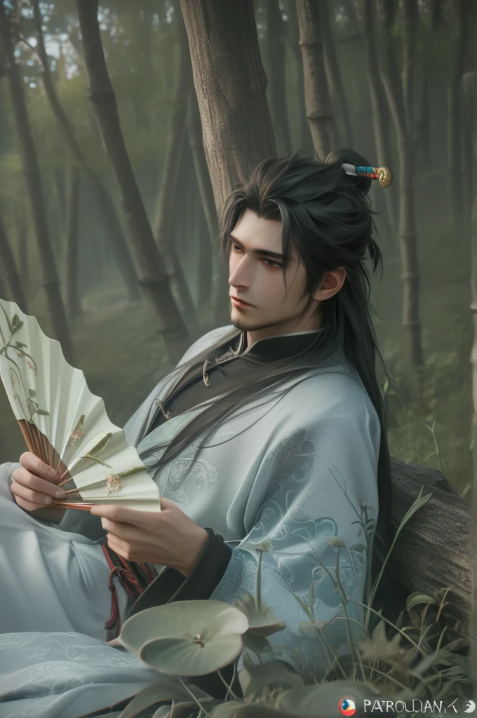 A man, ancient Chinese man, black long hair, black eyes, wearing a black Hanfu, holding a folding fan, scholar, sick, frail, in the bamboo forest, serene atmosphere, ancient China, (best quality,4k,8k,highres,masterpiece:1.2),ultra-detailed,(realistic,photorealistic,photo-realistic:1.37),traditional chinese landscape,cinematic lighting,moody lighting,dramatic shadows,soft focus,warm colors,intricate details