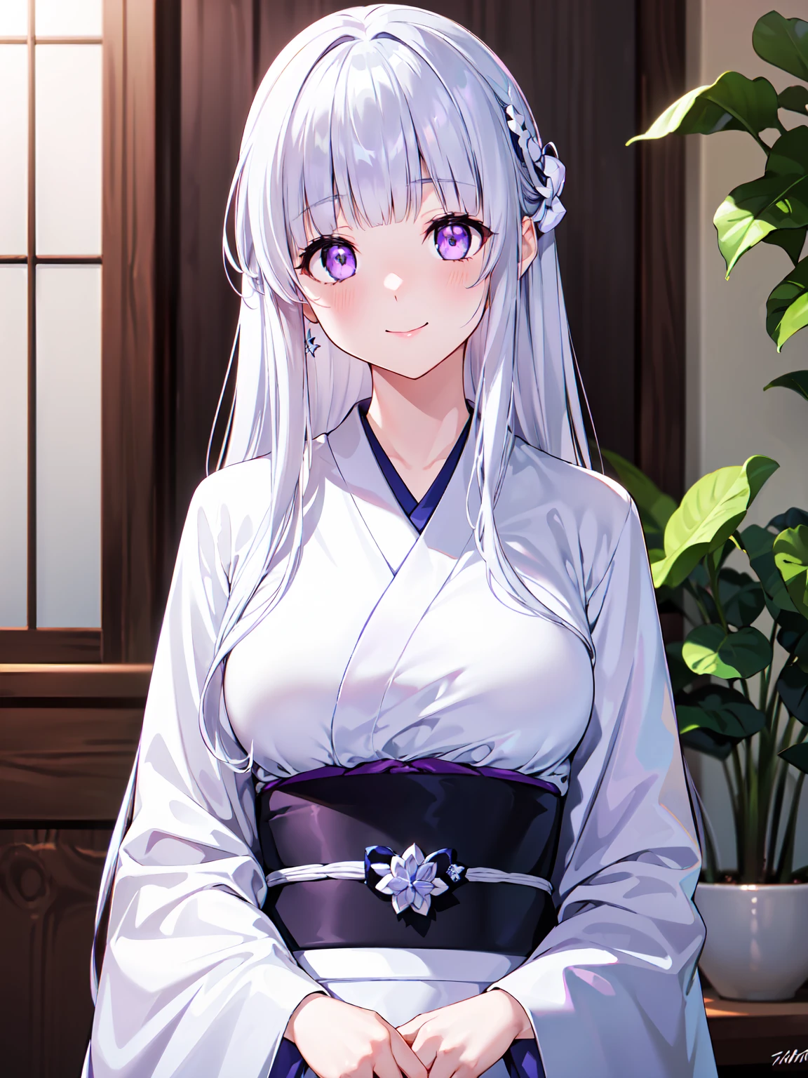 (8k Ultra HD, Ultra high resolution), (masterpiece:1.3), (((best quality, light purple eyes, finely detailed beautiful eyes))), extremely delicate detailed, natural light, upper body shot, solo, standing, enjoy, smile, hime cut, (platinum hair), long straight hair, white kimono, japanese-style room,