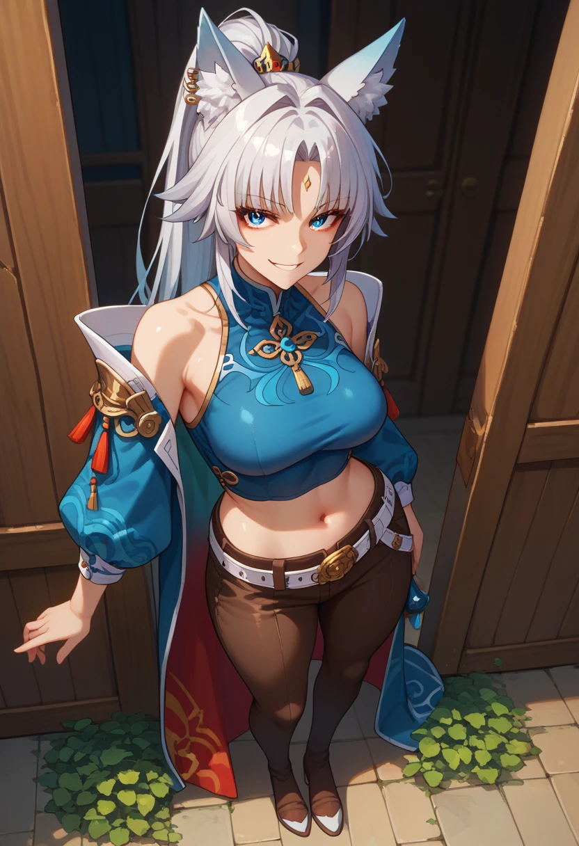 sEssential_9,sEssential_8_above,Essential_7_above,  feixiao-hsr  , 1 ,  animal ears , Alone,  looking at the viewer , shezfe , blue eyes, breasts, fox ears,  long hair, smile, jewelry, toys, Animal ear fluff, covered navel , belt,  ponytail, fringe, seductive,, realistic, highly detailed face, detailed eyes, best quality, masterpiece, ultra detail, ultra high res, extreme detail, 8k, UHD, voluptuous, curvy, thick thighs,  front, full body