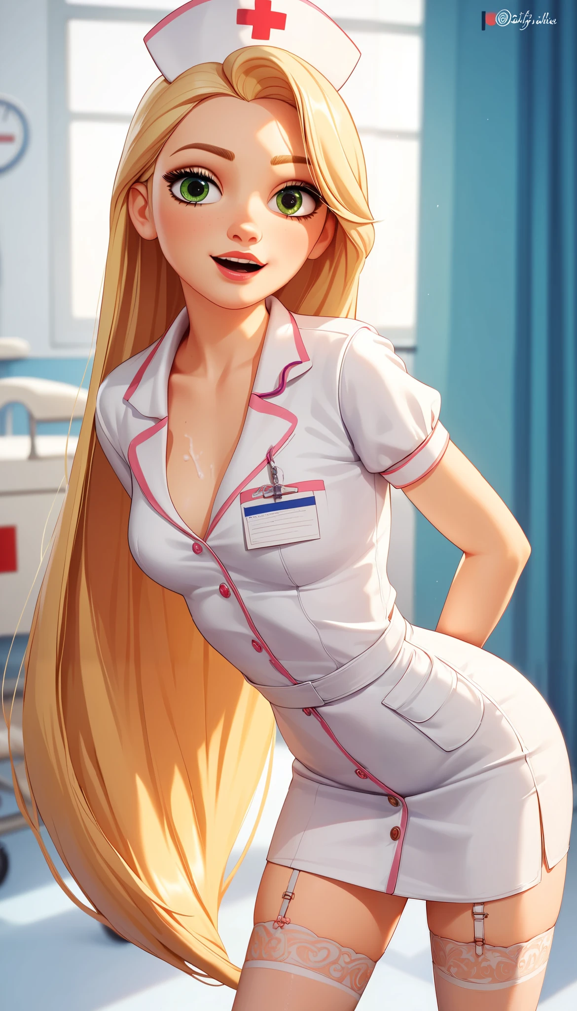 (Perfect Anatomy), Masterpiece, Ultra High Quality, 8k, masterpiece, Highest quality, Ultra-high resolution, Maximum resolution, Very detailed, Professional Lighting, anime, young female, Rapunzel from "Tangled" as sexy nurse, medical gown, super long blonde hair, pretty body, small breasts, nurse outfit, (background, at hospital, cozy coach), flirting nurse, masterpiece, best quality, high resolution, cinematic light, 8k, ((pin-up)), garter belt, (offering sex services), (open mouth), (((offering cum on her face))), leaning forward, view from the top, on her knees, hands on her face