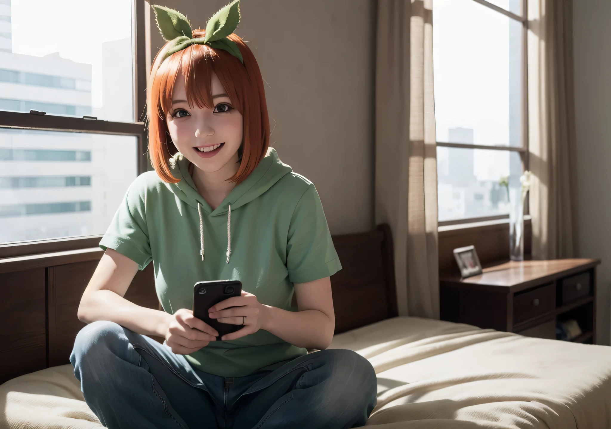 Create a realistic and natural-looking image of Yotsuba Nakano from The Quintessential Quintuplets inside a cozy home. Yotsuba is dressed in a casual, playful outfit, such as a brightly colored t-shirt or hoodie, paired with comfortable shorts or jeans. Her short, bright green hair is messy and tousled, with some strands sticking out playfully. She has a big, cheerful smile, radiating energy and enthusiasm, capturing her fun-loving and carefree personality.