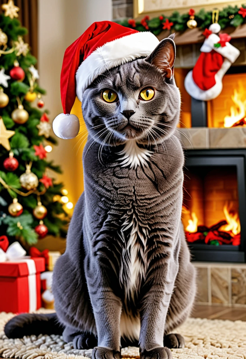 High image quality、 up of one dark grey cat、Close-up image of the whole body、 is facing this way。 Looking at Camera 、 that cat has bright yellow eyes 、Plump Mouth、The cat is dressed as Santa、The cat is wearing a Santa hat、Inside a warm room with a fireplace 、 Christmas tree