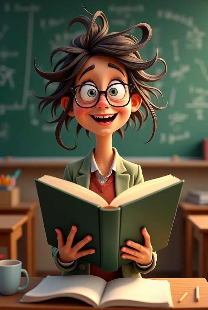 Create a chubby teacher with glasses Clara curly hair with books in hand and students behind