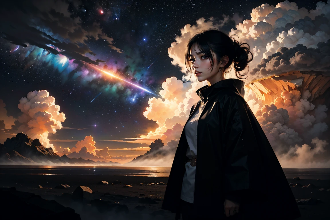 octans, heaven, estrela (heaven), paisagem, starly sky, noite, nuclear explosion , nuclear explosion, 1girl, night sky, solo, ao ar livre, bilding, nuvem, milky ways, sentado, tree, cabelo longo, cidade, silhueta, paisagem urbana