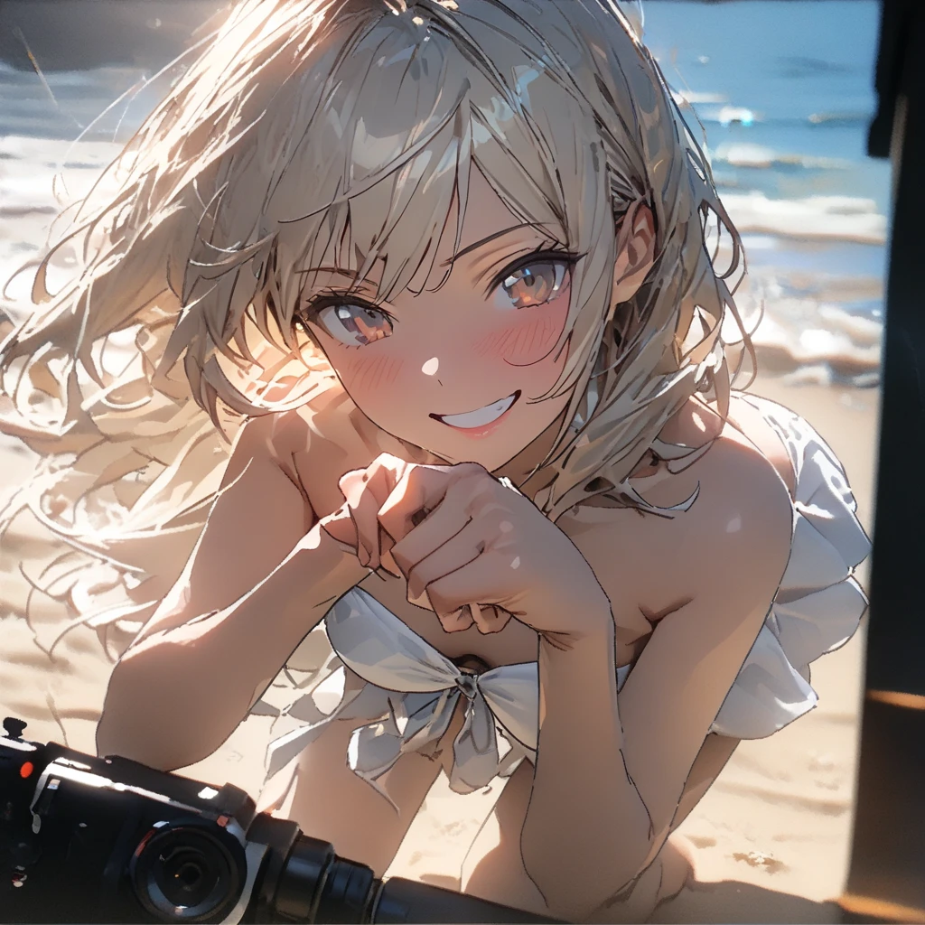 4K, masterpiece, 8k, high quality, 最high quality、(Superflat, Flat Shading, Flat Color:1.1), (summer),(Ocean:1.3) (White sand beach), (16 year old girl), , change, Blonde, White T-shirt, (White panties:1.2), blush, Open your mouth, (Showing tongue), Selfie, View from below, (Low Angle), White cloud,Palm tree, Bright sunlight, Vibrant colors, Best Shadow, watercolor,