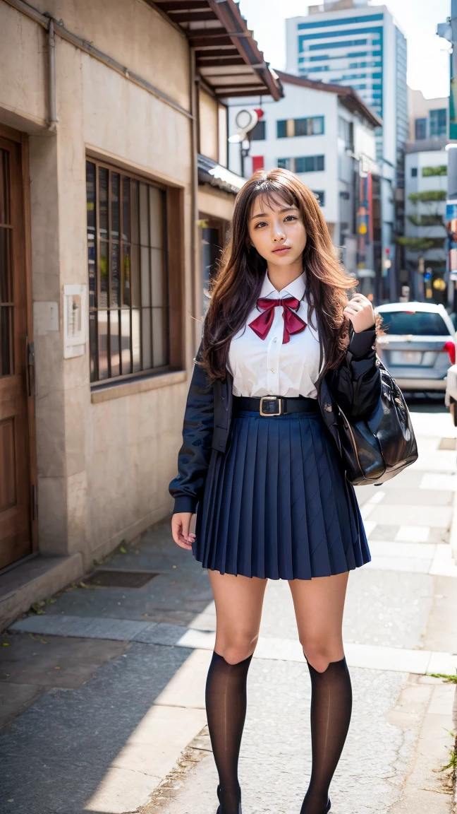 a beautiful 18 year old Japanese high school girl with perfect anatomy, healthy thighs, beautiful legs, beautiful skin, random hair color and style, large breasts, (wearing a Japanese schoolgirl uniform:1.3), holding a student bag, full body shot, standing on a city street, (best quality,4k,8k,highres,masterpiece:1.3),(extremely detailed:1.2),photorealistic,ultra-detailed,vivid colors, studio lighting, professional