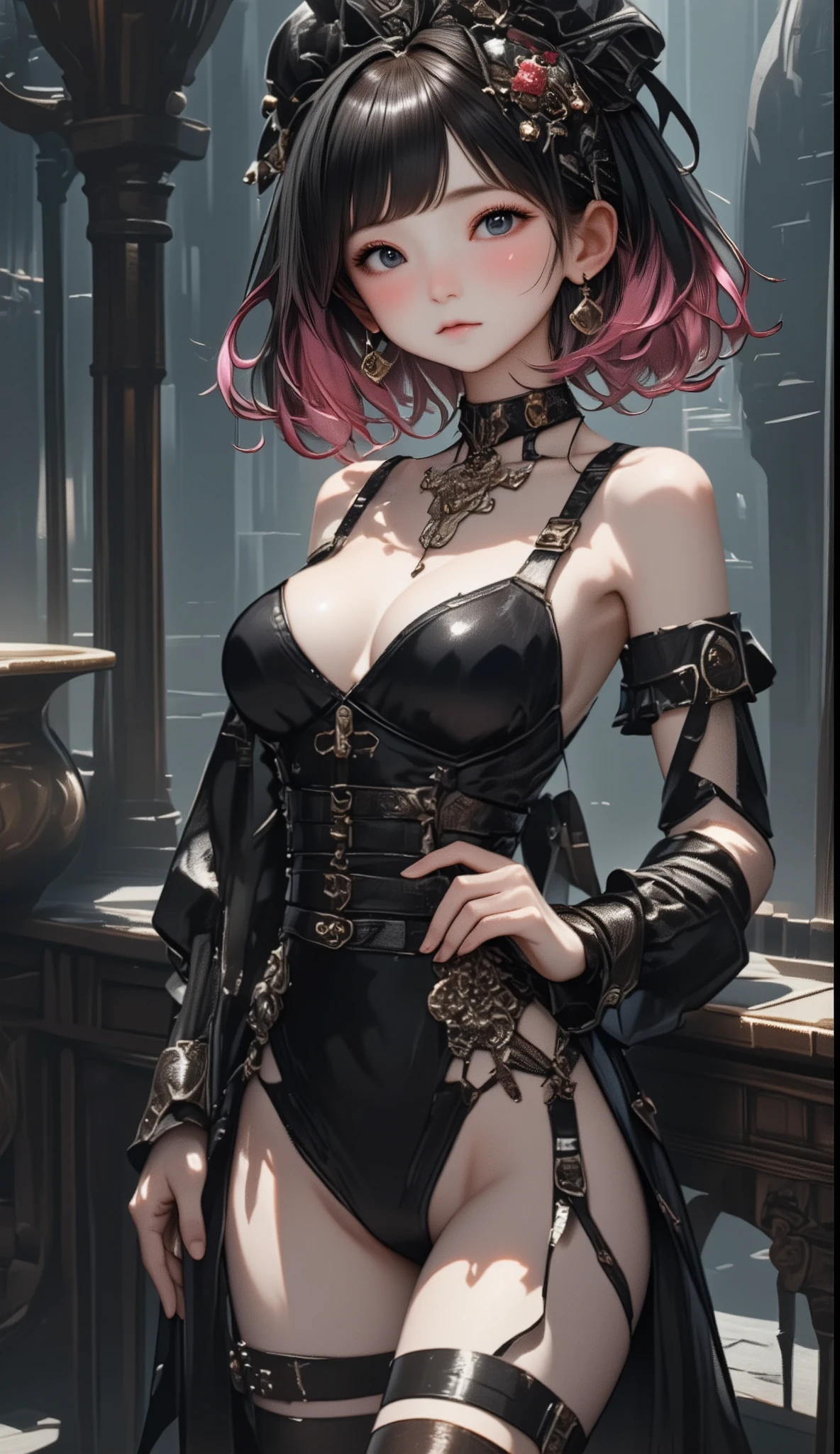 full body angle、Sexy slim gothic girl, Square Hairstyles, Pink and black hair、medium breast、Large hair ornament、 ribbon hair ornament、small nose