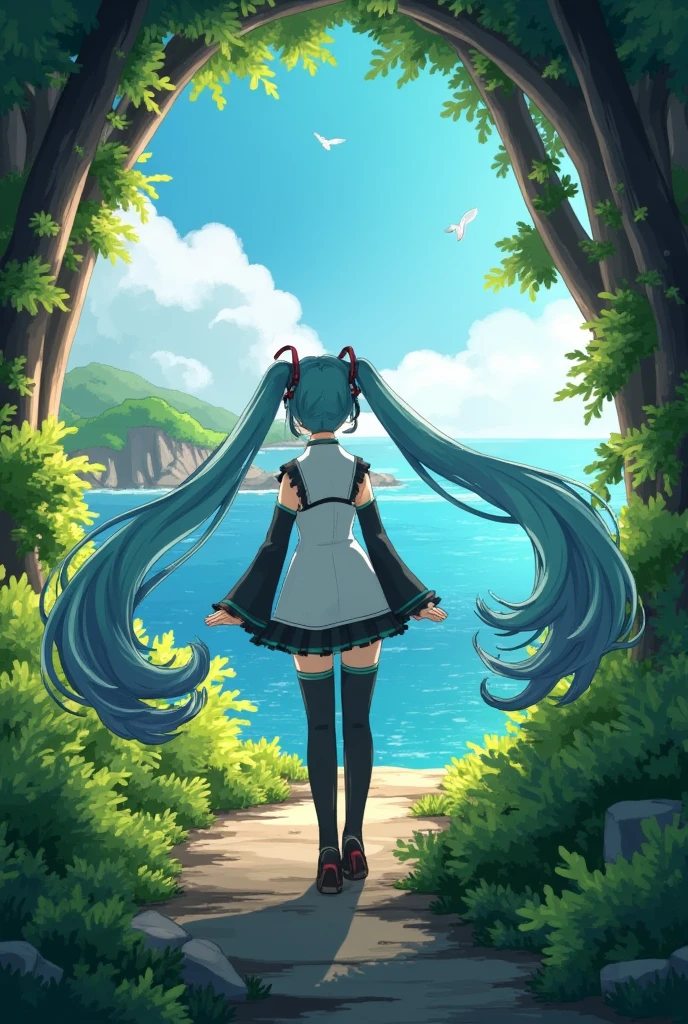 (masterpiece、 best quality、 best quality、 Official Art、 beautiful and beautiful :1.2)、( one girl who is at ease:1.3) Hatsune Miku 、 twin tails, Beautiful breasts,Strong light,  intense contrast , In an open-roofed cave、 sunlight shines through green moss and ferns。,  And open( Sea view:1.1) Next,  cell shading rendering , 4K,  360 degrees,  Cylindrical equilateral diagram , qxj, 