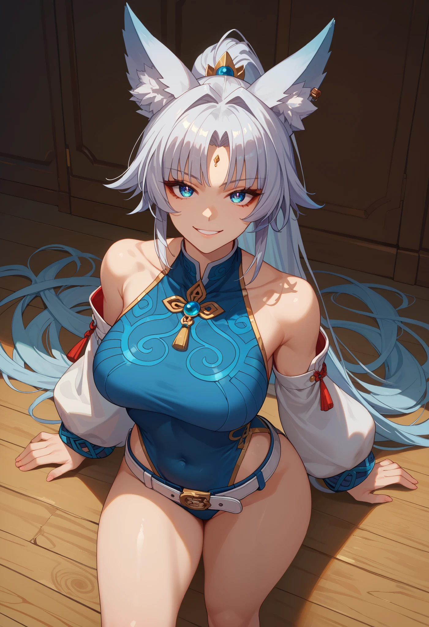 sEssential_9,sEssential_8_above,Essential_7_above,  feixiao-hsr  , 1 ,  animal ears , Alone,  looking at the viewer , shezfe , blue eyes, breasts, fox ears,  long hair, smile, jewelry, toys, Animal ear fluff, covered navel , belt,  ponytail, fringe, seductive,, realistic, highly detailed face, detailed eyes, best quality, masterpiece, ultra detail, ultra high res, extreme detail, 8k, UHD, voluptuous, curvy, thick thighs,  front, full body