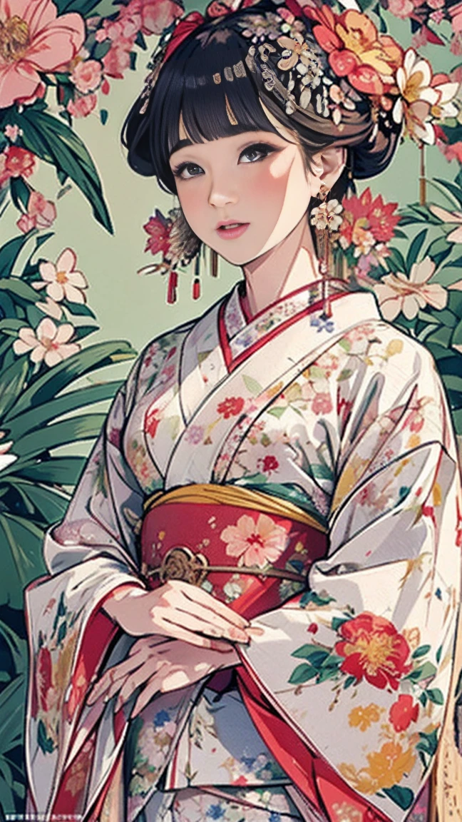 (masterpiece、 best quality、 best quality、 Official Art、beautiful beautiful:1.2)、 Very detailed、( fractal art:1.1)、( colorful :1.1)(Floral:1.6)、 most detailed、yukata、日本のyukata、、Cherry blossom tree background、Lots of petals、(shiny skin)、(Many colors:0.8)、、( earrings for a woman alone:1.4)、(Feather:0.9)、Taisho Romance,Delicate and elaborate gold hair ornament