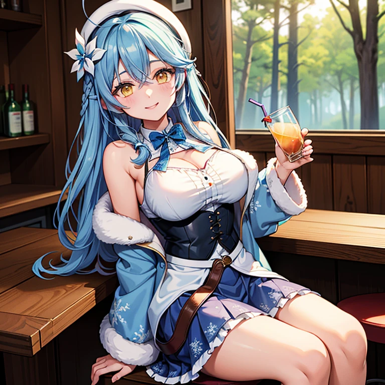 Aqua \(Konosuba\), 1girl, alone, long hair, breasts, Looking at Viewer, blushing, smiling, open mouth, bangs, blue eyes, hair ornament, navel, hair between eyes, medium breasts, sitting, , blue hair, :d, heart, thighs, , sweat, , legs open, cup, completely, uncensored, , alcohol, mug, drunk, beer, beer mug